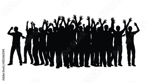 Crowd of people silhouettes with raised hands isolated on white background, Vector