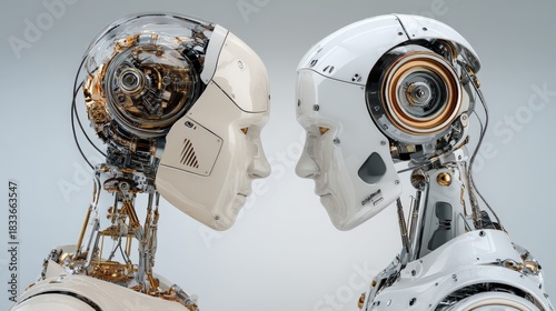Two sophisticated humanoid automatons face each other showcasing internal mechanical structures