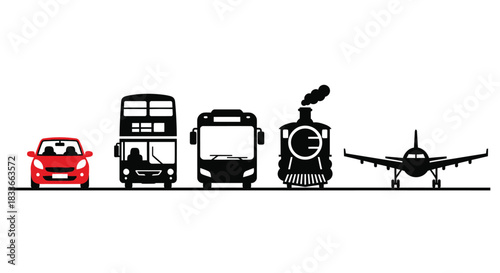 Diverse transportation options lined up: car, bus, double-decker bus, train, and airplane.