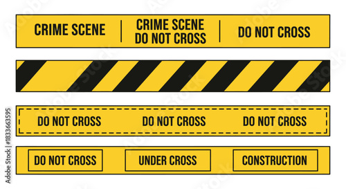 Yellow caution tape with warning messages for crime scenes and restricted areas