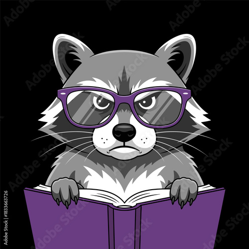 Cute cartoon raccoon wearing purple glasses reading a book with a serious expression, illustration on