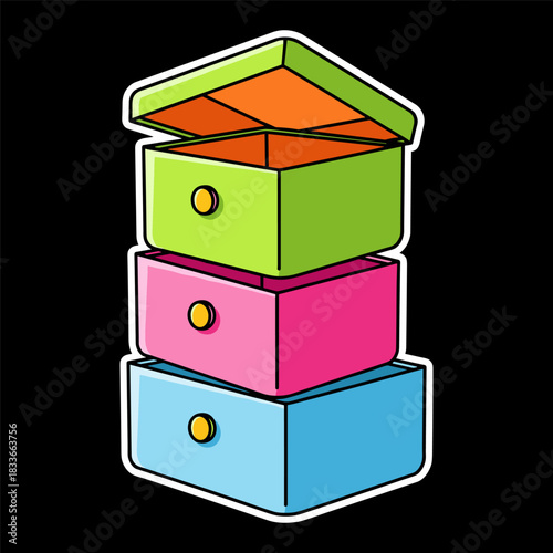 Stack of three colorful storage boxes or drawers with one open top lid, featuring bright green, pink, and blue colors in a cartoon sticker style illustration
