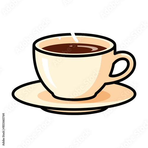 Cute cartoon illustration of a steaming hot cup of coffee served in a light beige teacup on a matching saucer, isolated on