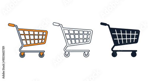 Three different shopping carts, representing online and in-store purchasing options
