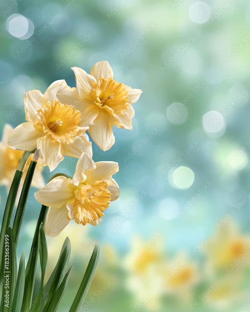 Obraz premium A vibrant display of yellow daffodils with lush green leaves, set against a soft, blurred background of pastel colors, evoking a sense of spring and renewal.