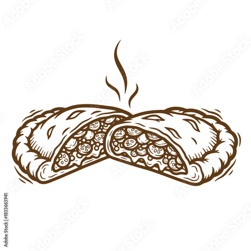 Hand drawn sketch vintage illustration of a steaming cooked savory empanada split open