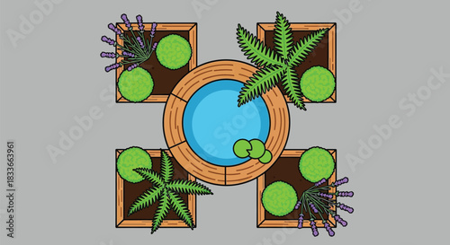 Top view of a tranquil garden with a circular water feature surrounded by lush greenery and flowering plants.