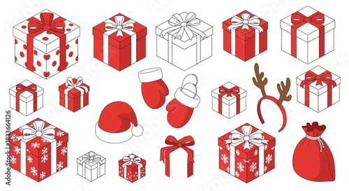 Festive collection of red Christmas gift boxes, Santa hat, mittens, and reindeer antlers