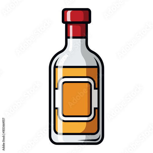 Cartoon illustration of a clear glass liquor bottle filled with amber spirit, featuring a red cap and a blank label area, isolated on