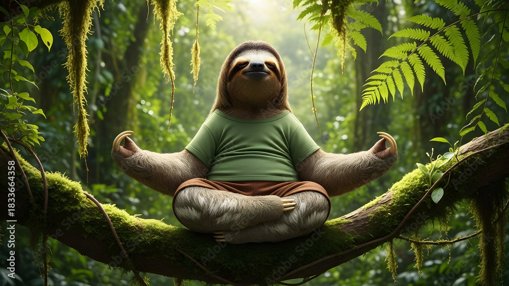 Naklejka premium Funny sloth meditating in a zen pose on a mossy branch in the jungle, promoting wellness, calmness, and slow living, creating a comical animal concept