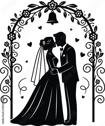 Romantic Wedding Silhouette of Bride and Groom Kissing Under Floral Arch