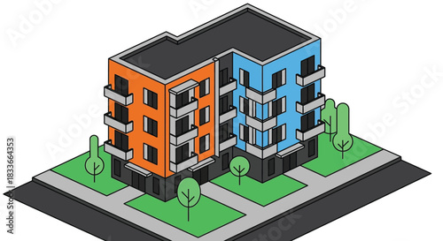 Modern isometric apartment building with colorful facades and green landscaping