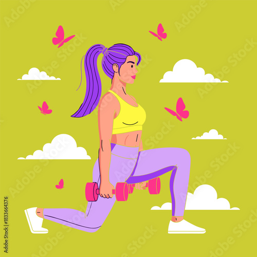 Woman with purple hair exercising indoors, performing a lunge with pink dumbbells against a bright green background with butterflies and clouds