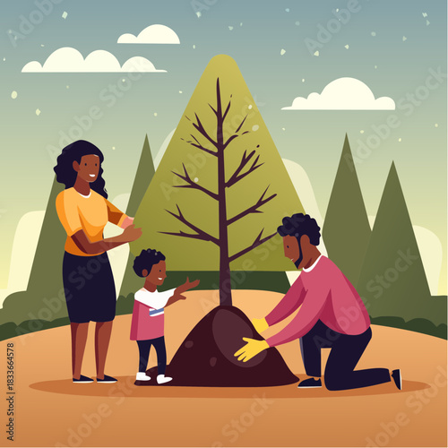 Family planting tree A heartwarming illustration of a family building a sustainable future
