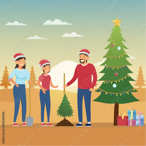 Family Planting Christmas Tree Together Festive Celebration, Holiday Season, Winter Outdoors