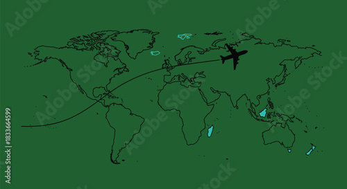 Airplane flies across world map on green background, illustrating global travel and adventure.