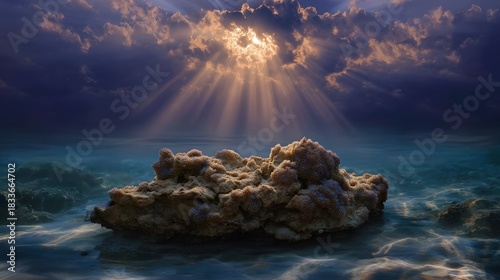 Fototapeta Naklejka Na Ścianę i Meble -  Dramatic sun rays pierce stormy underwater clouds to illuminate a vibrant coral formation