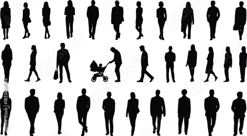 Large group of diverse people silhouettes walking, standing, and with a stroller, perfect for urban, crowd, and scale graphics.