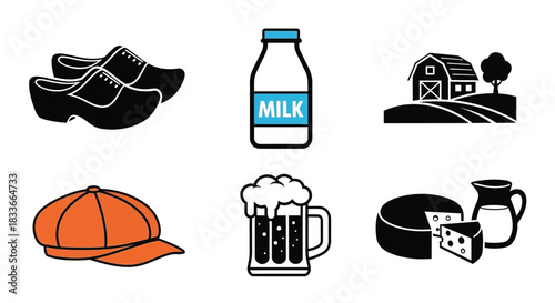 Charming icons representing traditional Dutch culture and rural life.