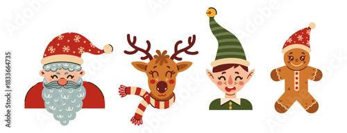 Cute Christmas characters vector set. Funny Santa Claus, an elf helper in a striped hat, a reindeer with antlers and a scarf, a festive gingerbread man. A cartoon clipart for New Year, holiday cards