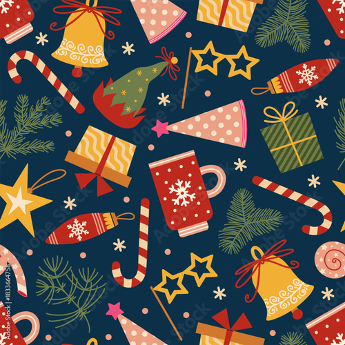 Happy New Year seamless vector pattern. Christmas tree branches, festive ornaments, a mug with a seasonal drink, a candy cane, an elf helper hat. Jingle bells, colorful gifts. Flat cartoon background