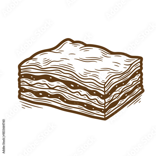 Hand-drawn sketch illustration of a delicious baked lasagna with detailed layered pasta and filling