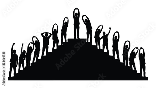 Group stretching on steps silhouette isolated on white background, Vector
