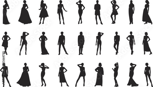 Large collection of diverse female fashion model silhouettes showcasing various elegant dresses, poses, and modern style concepts,