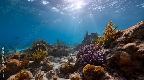 Fototapeta Naklejka Na Ścianę i Meble -  Sunlight filters through clear blue ocean water onto a vibrant coral reef