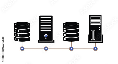Connected server racks and databases represent a digital network system.