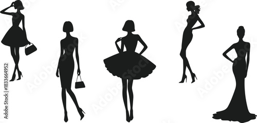 Fashionable, elegant female model silhouettes showcasing diverse, stylish outfits perfect for luxury apparel, beauty, and glamour concepts.