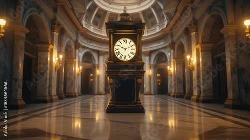 Elegant grandfather clock standing majestically in a luxurious, ornate marble hall with golden accents.