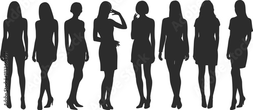 Eight elegant female model silhouettes wearing short dresses, showcasing stylish fashion, beauty, and glamour concepts,