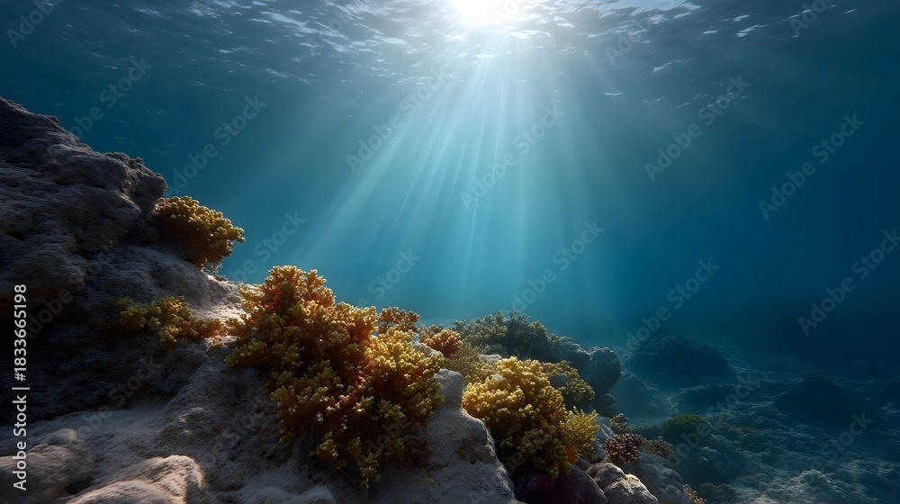 Fototapeta premium Sunlight streams through the blue ocean illuminating a colorful coral reef on the seabed