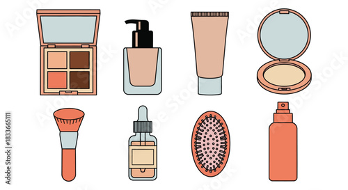 Collection of elegant beauty products and makeup essentials arranged for a sophisticated aesthetic