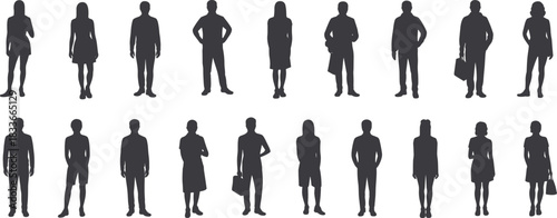 Diverse group of male and female professional silhouettes standing in various poses, ideal for corporate, business, and architectural graphics,