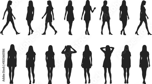 Diverse collection of female fashion model silhouettes posing elegantly in various gowns, dresses, and modern style concepts,