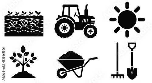 Farm elements including tractor, plants, sun, and gardening tools for agriculture and cultivation