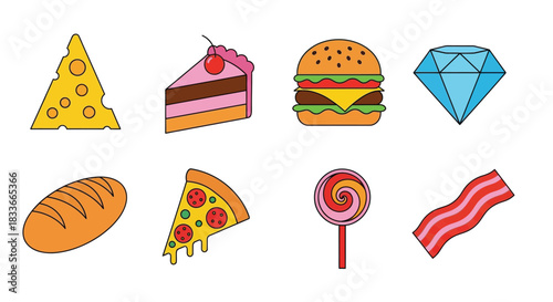 A vibrant collection of diverse food and gemstone icons, offering a playful visual feast.