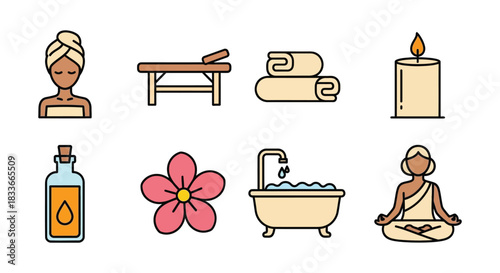 Serene spa icons: massage table, towels, candle, oil, flower, bath, and meditation figure.