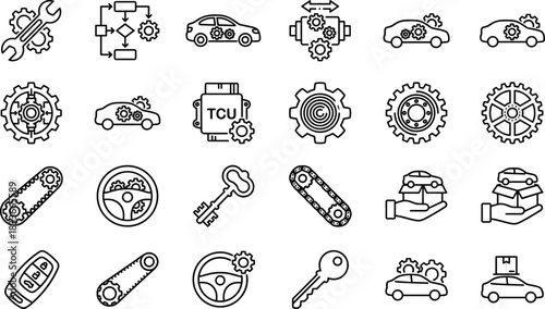 Automotive icons, car repair, gear system, vehicle technology, transmission, engine, mechanical parts, steering, key, maintenance, diagnostics, wrench, crate, control unit