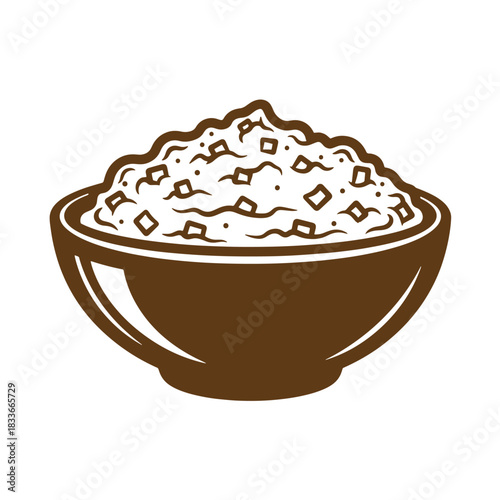 Vintage sketch illustration of a brown bowl filled with cooked rice or grain dish
