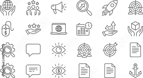 Business icons, marketing, strategy, growth, global outreach, communication, finance, planning, teamwork, targeting, innovation, documentation, scheduling, development