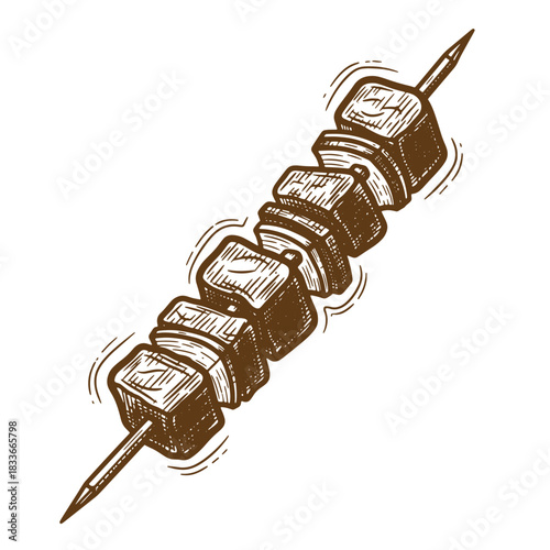 Vintage sketch illustration of delicious grilled meat skewers isolated on white background