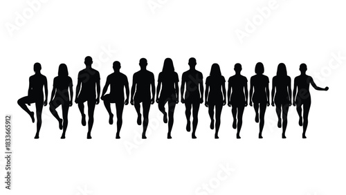 Row of people balancing pose silhouettes isolated on white background, Vector