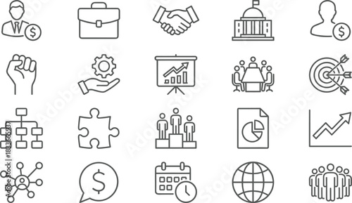 Business icons, teamwork, strategy, finance, management, growth, planning, leadership, analytics, collaboration, support, organization, goal, chart, meeting, empowerment, global, 