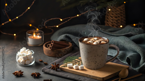 Dark moody food photography of hot chocolate with marshmallows, steam rising, cozy winter vibe