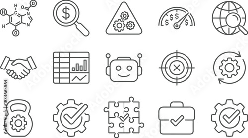 Business icons, technology symbols, data analysis visuals, automation graphics, financial tools, AI elements, global search, performance metrics, strategy, validation