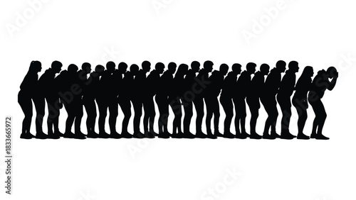 Silhouette of people bending in a line isolated on white background, Vector
