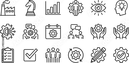 Business strategy icons, teamwork, planning, productivity, innovation, automation, communication, management, process, growth, vision, idea, gear, checklist, collaboration, improvement, leadership, 